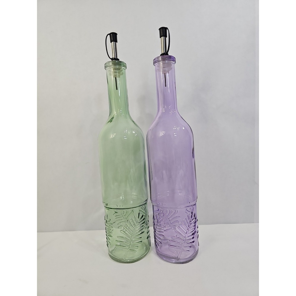 Set of 2 Grant Howard Glass Cruets-Oil & Vinegar Dispensers (Mint & Violet) Leaf